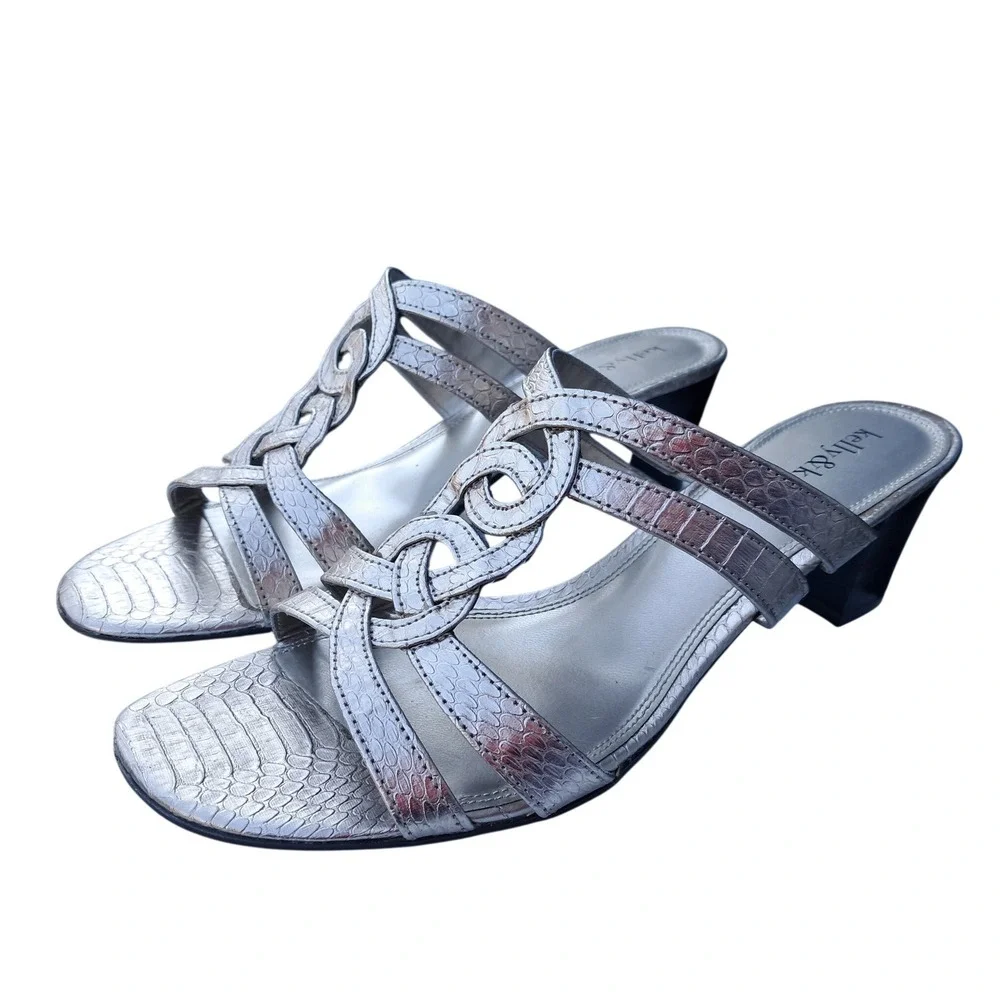 Kelly & Katie KK B Twisted Gold Metallic Croc Embossed Block Heel Sandals 9.5